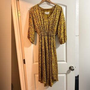 Anthropologie Marigold Midi Dress Floral Yellow V Neck‎ Puff Sleeves Size xs